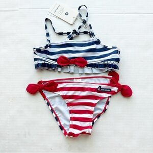Tutto Piccolo Girls 2-Piece Striped Bikini Set with Small Red Bows NWT size 10Y